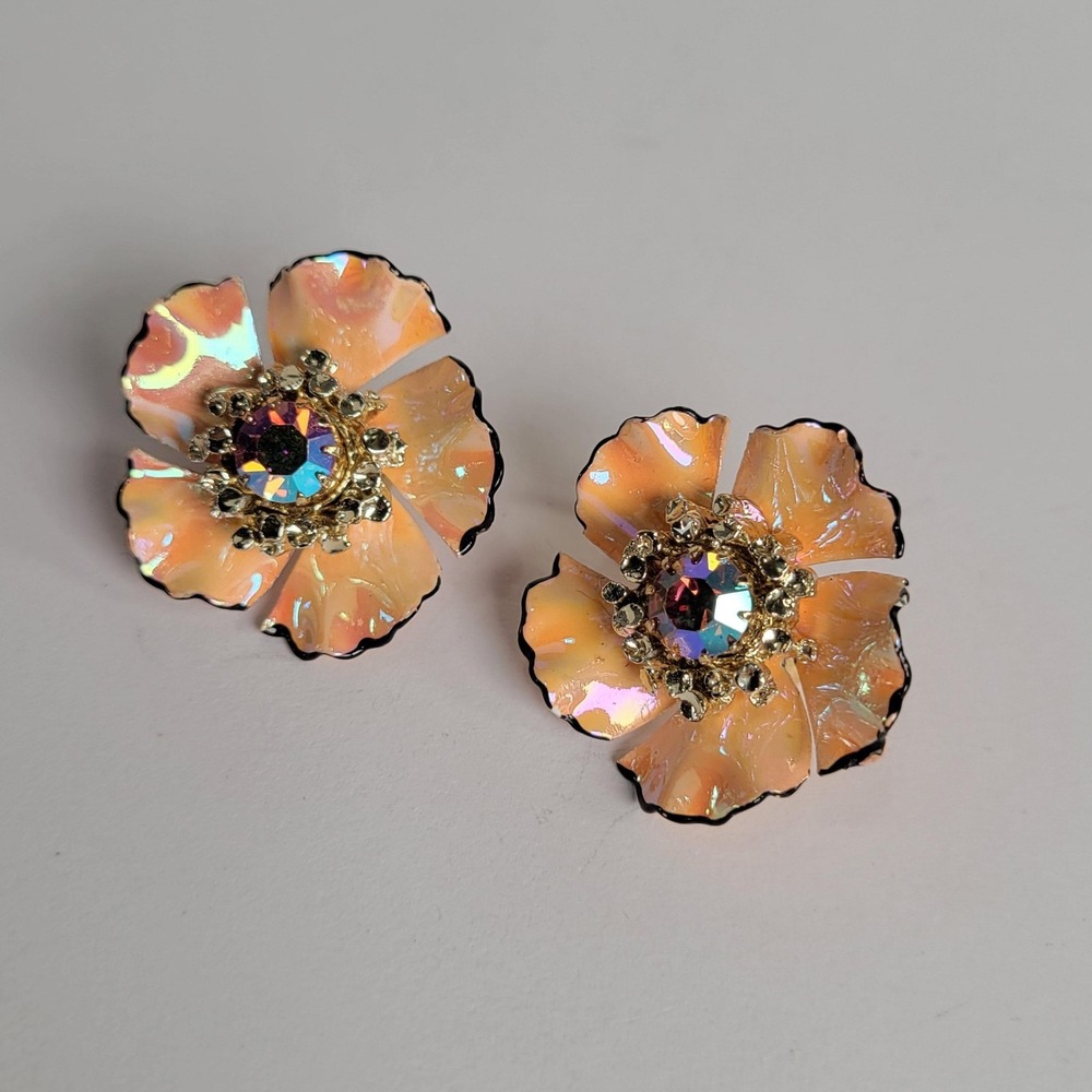 Coro Enamel Clip-On Stud Earrings Flower Iridescent Peach‎ Multicolor AB Stone